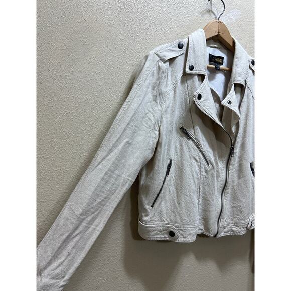 Greylin Anthropologie Blazer Jacket L Linen Cotton Tan Zippered Moto Modern Chic - Picture 3 of 8
